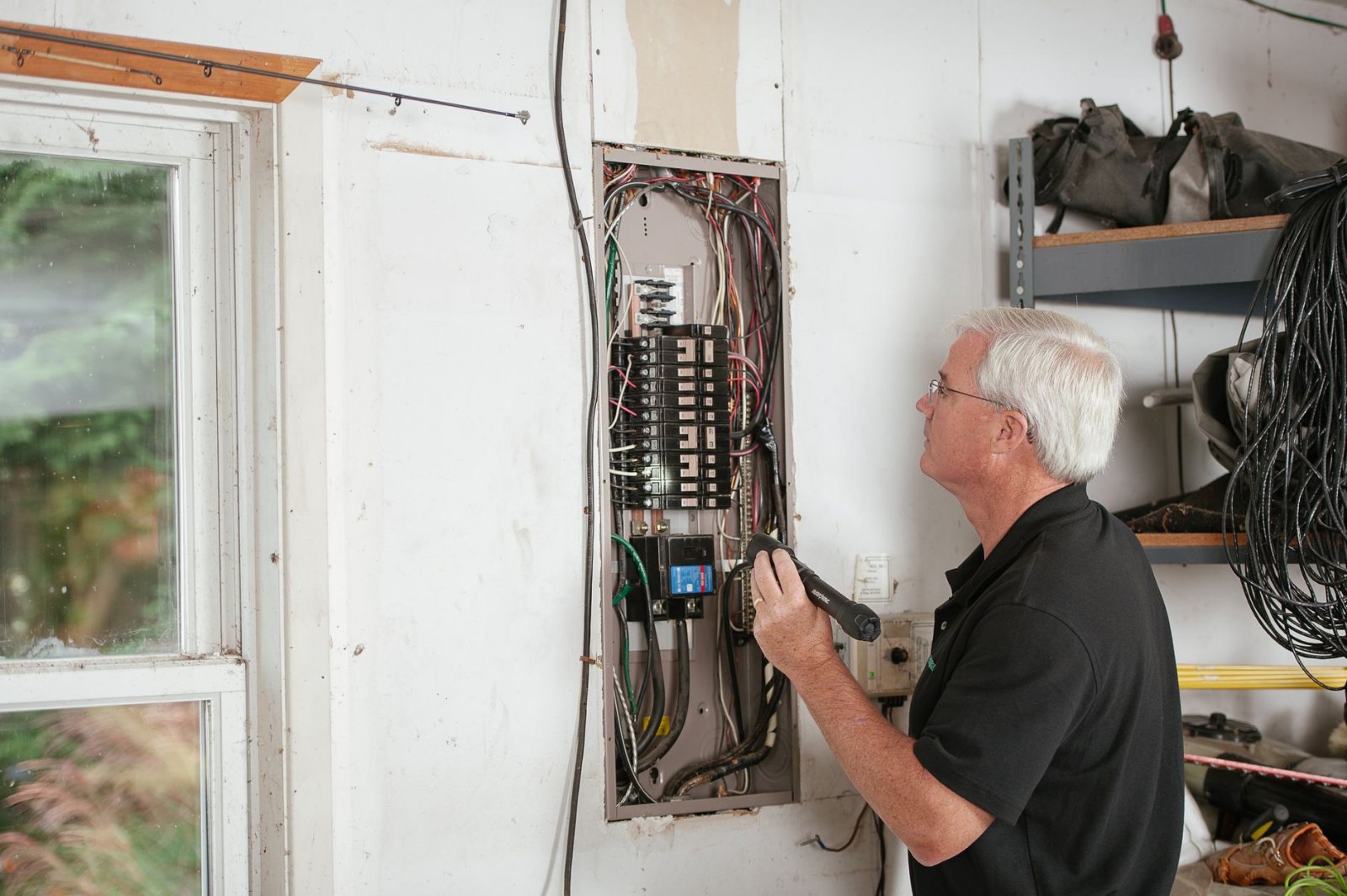 An electrician reaching overhead into an opened stud wall on an occupied job, conduit and cable visible in the cavity