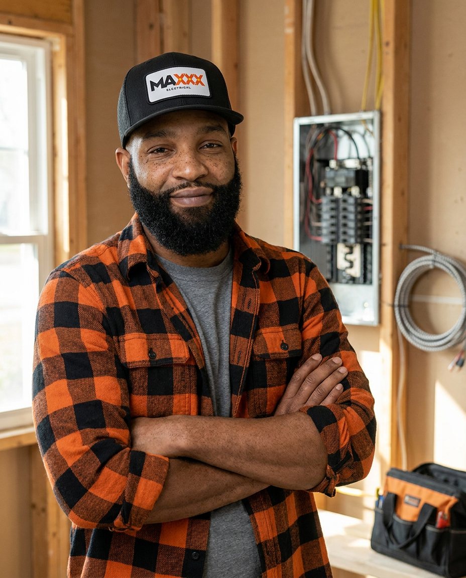 Maxxx Escobar himself: bearded, branded MAXXX ELECTRICAL trucker cap, orange buffalo-check flannel, arms crossed, standing in a stud-framed room with an open load center of neatly dressed conductors, a coil of MC cable and a tool bag behind him in low warm afternoon window light. Face forward, one subject, whole in frame at any crop.